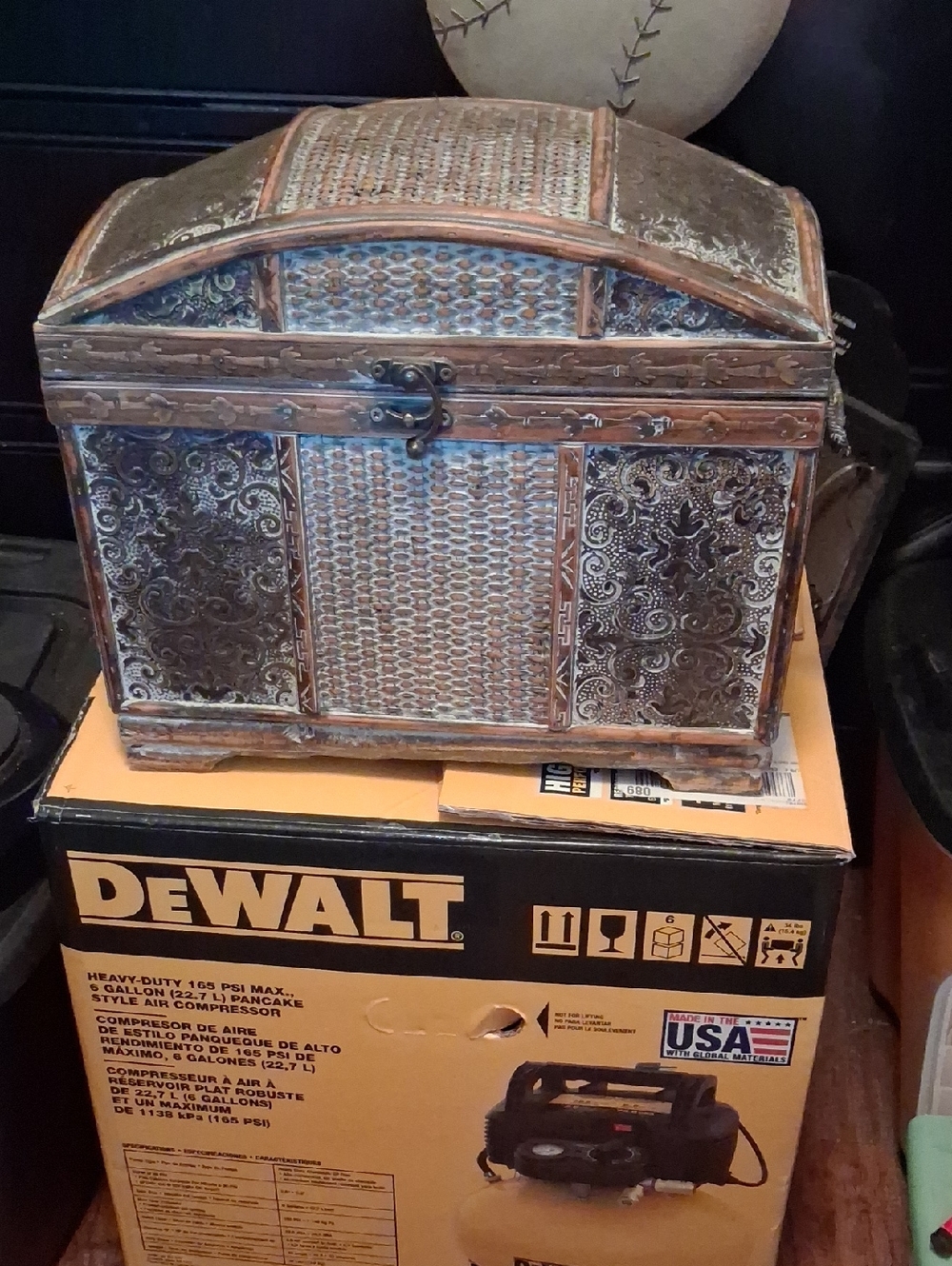 Decorative Distressed Metal and Woven Chest - Rustic Brown